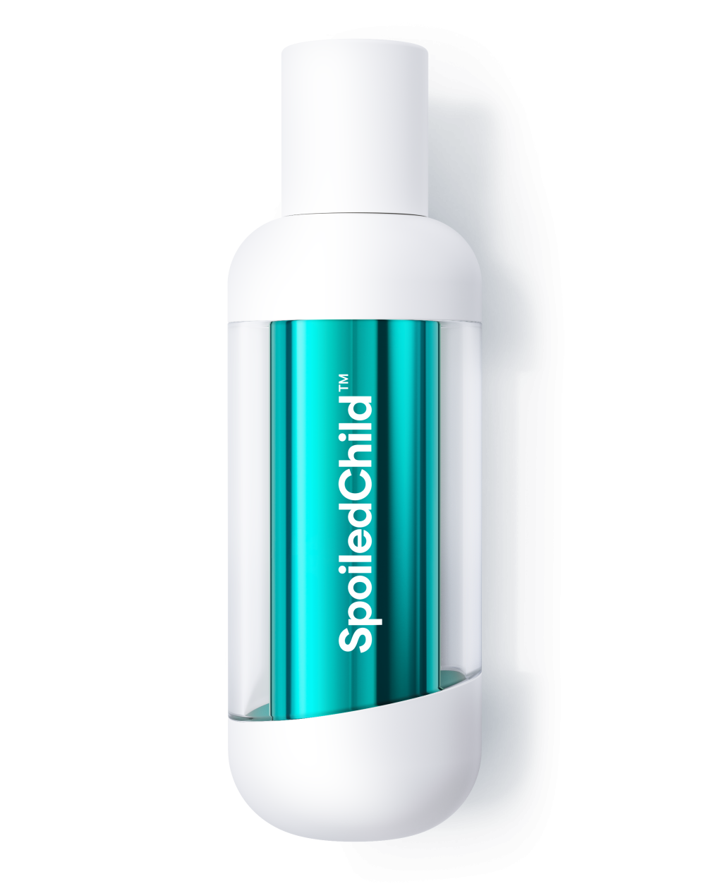 A product icon of a tall, white SpoiledChild S33 bottle with a clear outer body that reveals a sleek, metallic teal-colored capsule-shaped core inside. The design is minimalist and modern, shown against a plain white background.